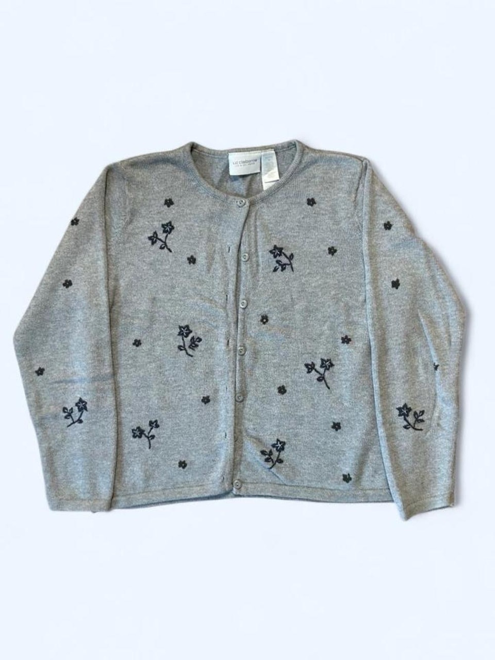 Vintage Liz Claiborne Light Gray Cardigan with Navy Floral Embroidery